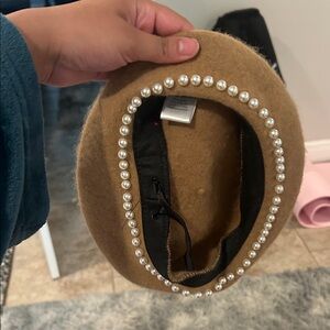 Pearl-Trim Brown Wool Beret - Women Accessories